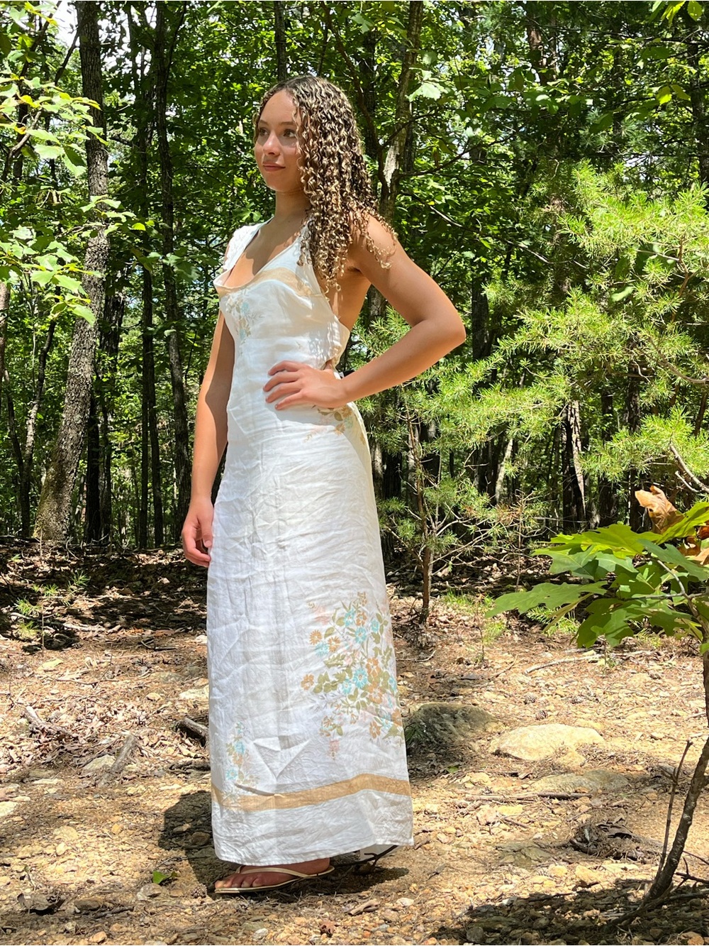 Hand Crafted linen White Maxi Dress with Pastel Floral accent from tablecloth
